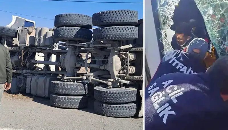 Kamyon Virajı Alamayınca Yola Devrildi: Olay Anı Kamerada